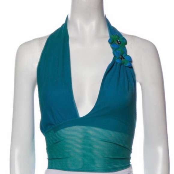SOLD!!! Ema Savahl Halter Crop Top Flowers Blue Green S/M - Picture 16 of 16